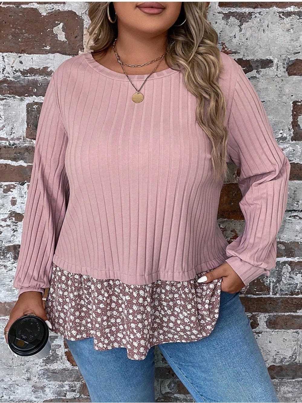 Emery Rose Plus Size 2XL Floral Mixed Media Long Sleeve Top